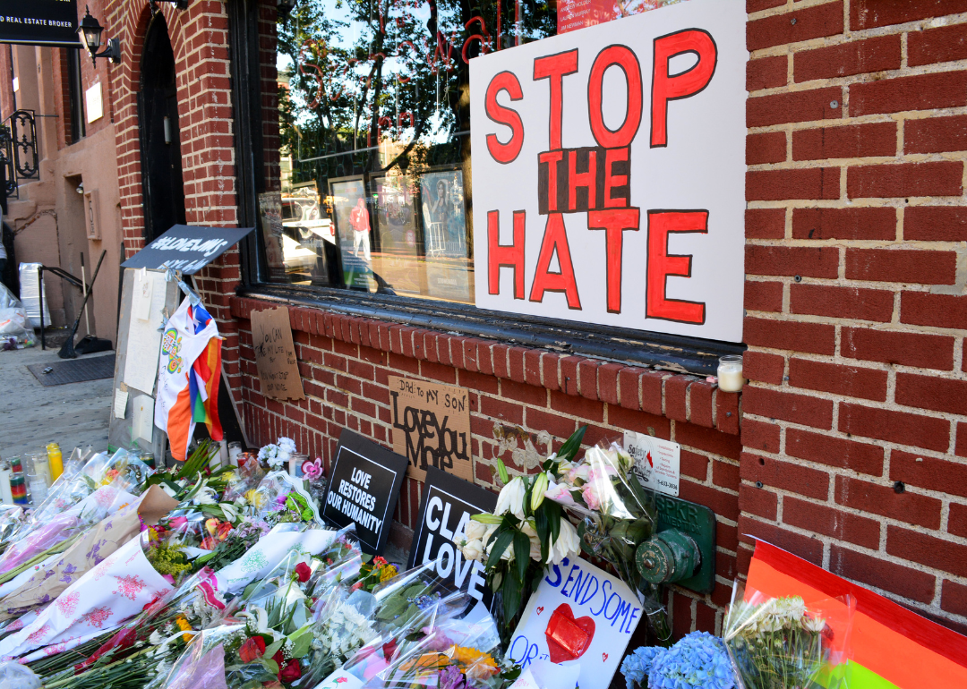 Memorial outside the landmark Stonewall Inn for the victims of the mass shooting in Orlando in 2016 in New York City.