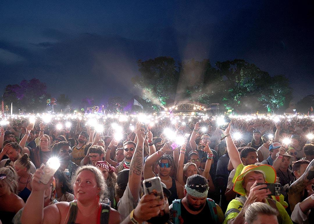 The audience at the Bonnaroo Music & Arts Festival is captured putting their phone lights up on June 16, 2023 in Manchester, Tennessee.