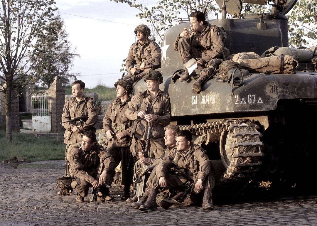 The cast acts in a scene from HBO's war miniseries 'Band of Brothers.'