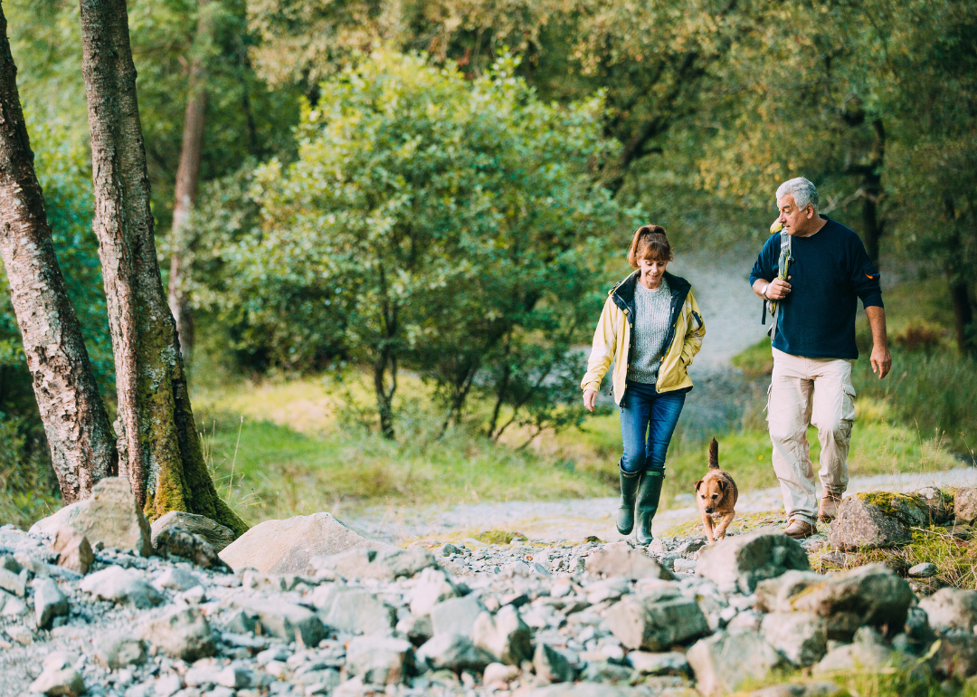 Senior couple walking through the woods with their pet dog.