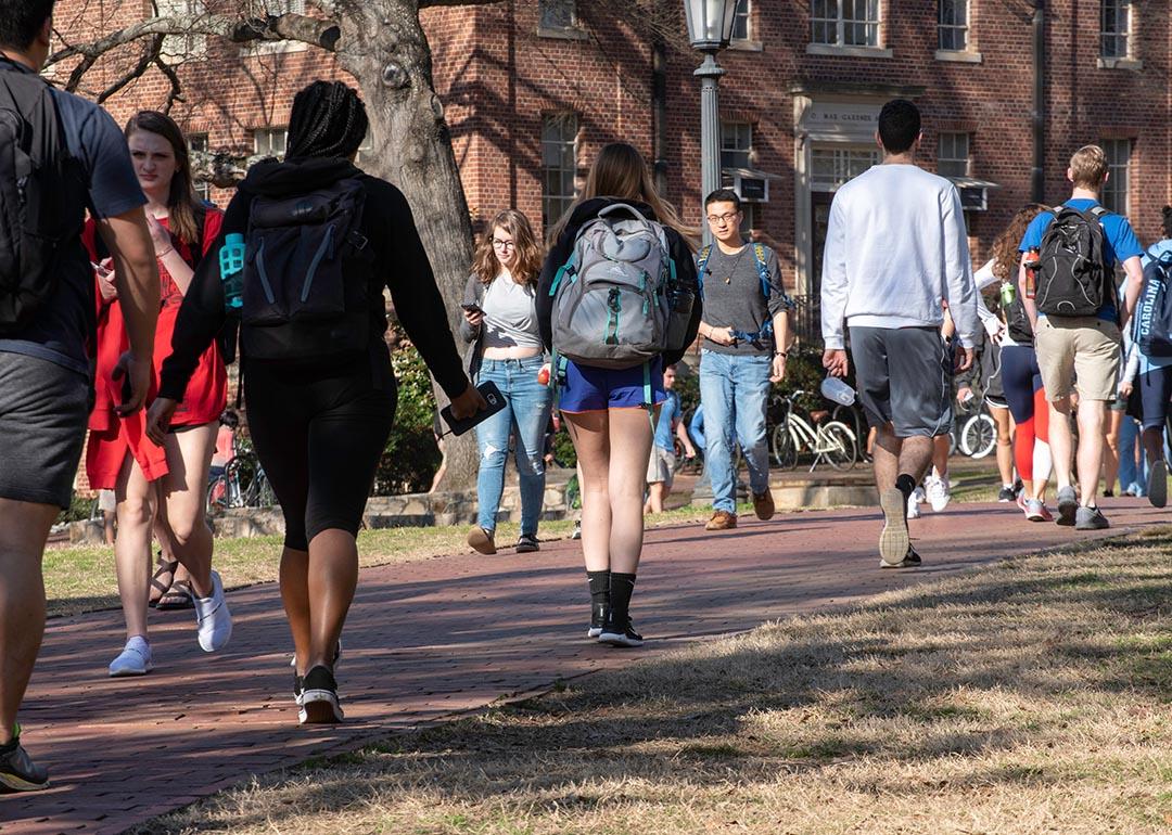 College students walking on campus grounds.