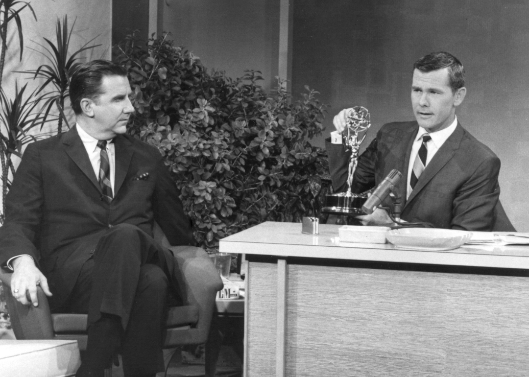 American television host and comedian Johnny Carson (1925 - 2005, right) with Ed McMahon on his talk show 'The Tonight Show Starring Johnny Carson', circa 1965.