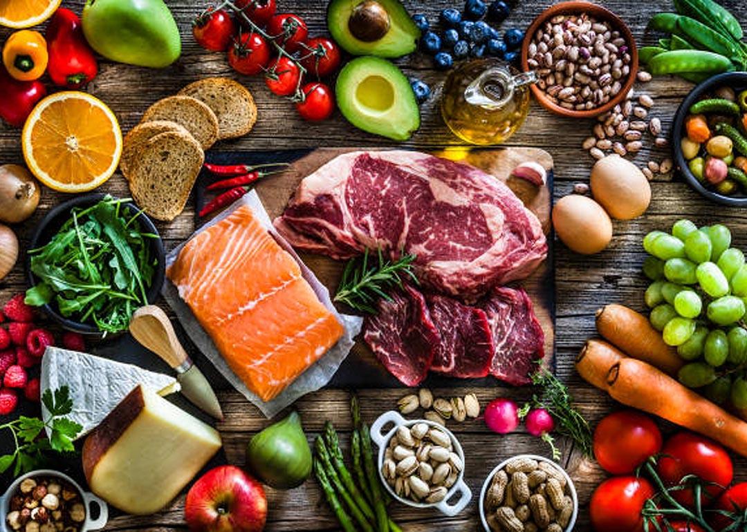 Overhead view of protein-rich foods including red meat, salmon, cheese and a wide range of fruits and vegetables.