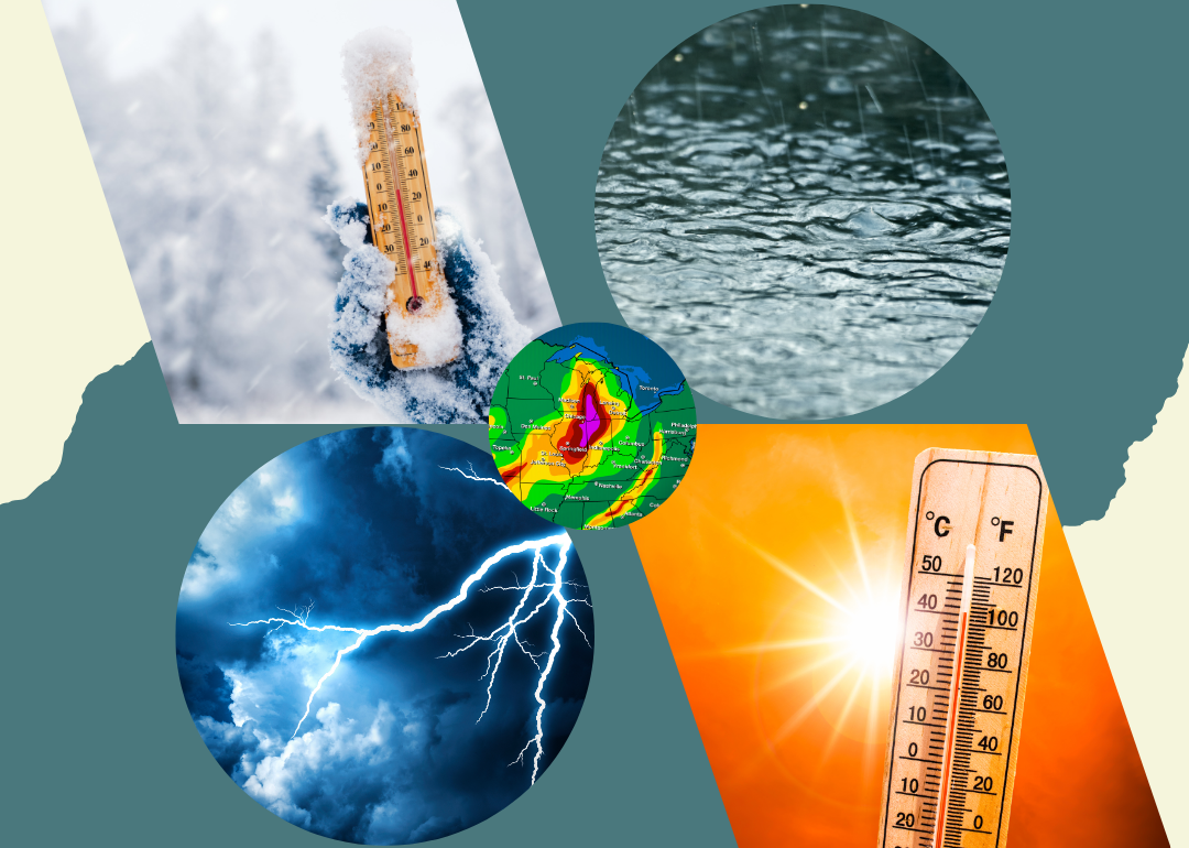 An image collage showing sun, snow, rain, lightning and a weather map.