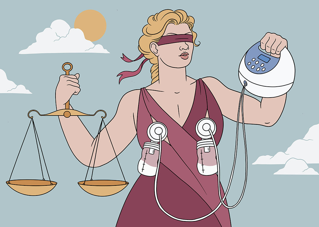 Illustration showing concept of injustice for nursing parents; lady justice is depicted pumping milk, holding scales in one hand and breast pump in the other.