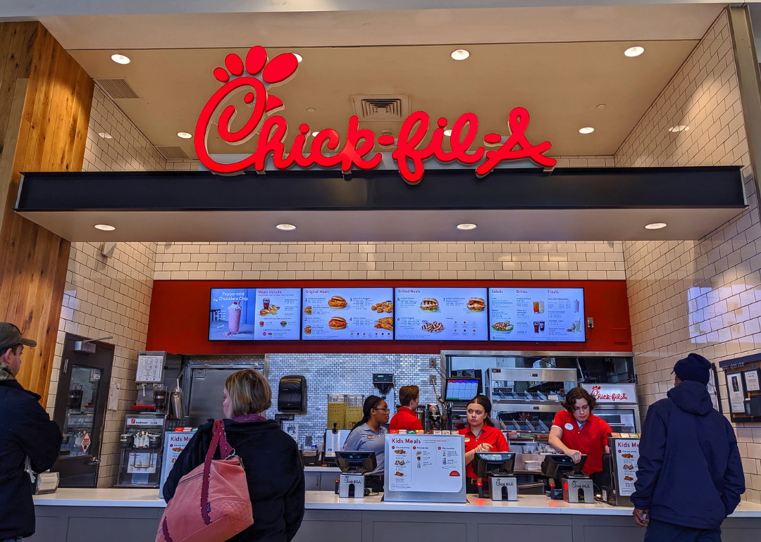 A Chick-Fil-A ordering counter in a food court in Peabody, Massachusetts