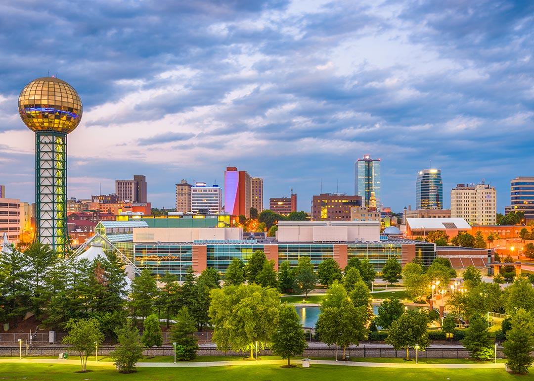 A downtown skyline view of Knoxville, Tennesse at twilight.