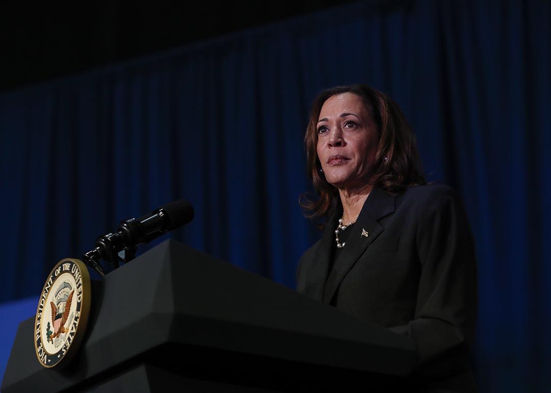 US Vice President Kamala Harris makes remarks before a moderated conversation July 17, 2024 in Kalamazoo, Michigan.