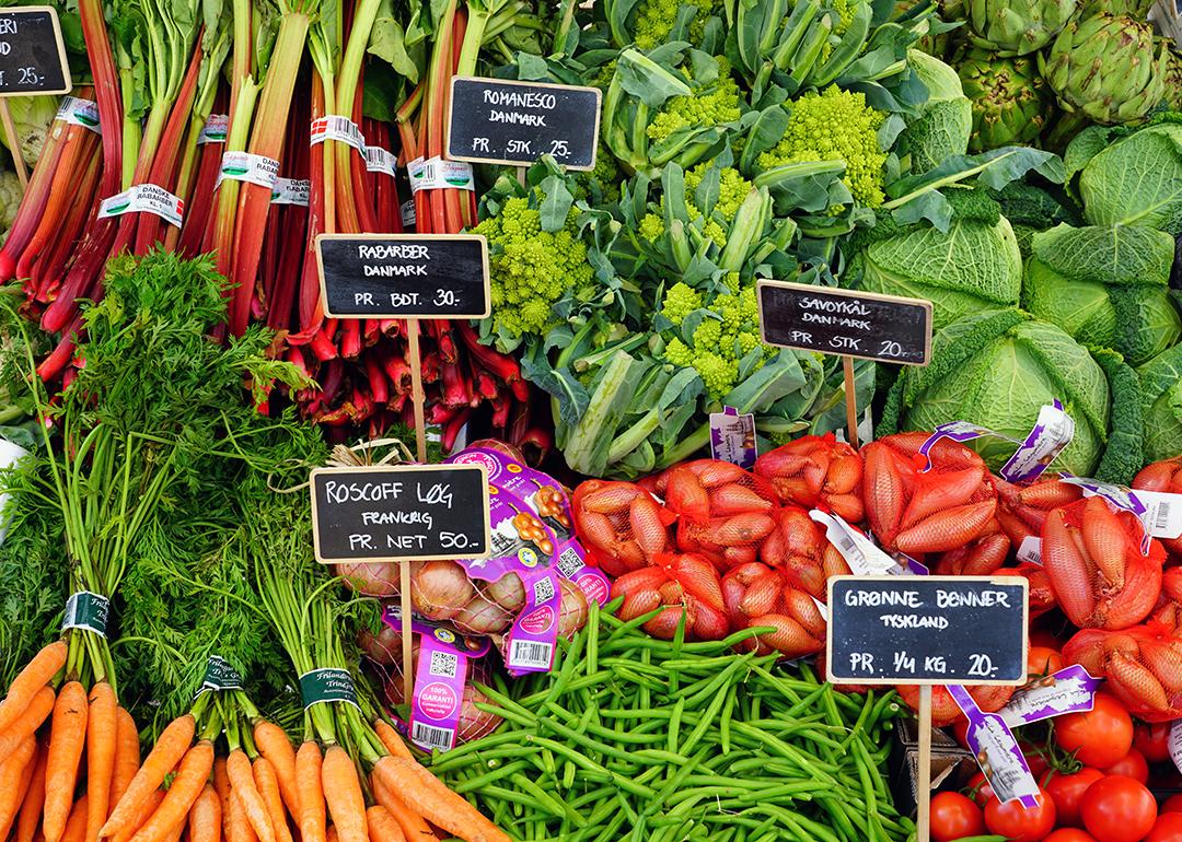 View of of Danish produce at Torvehallerne, a gourmet food market located in Norreport, Copenhagen, Denmark.