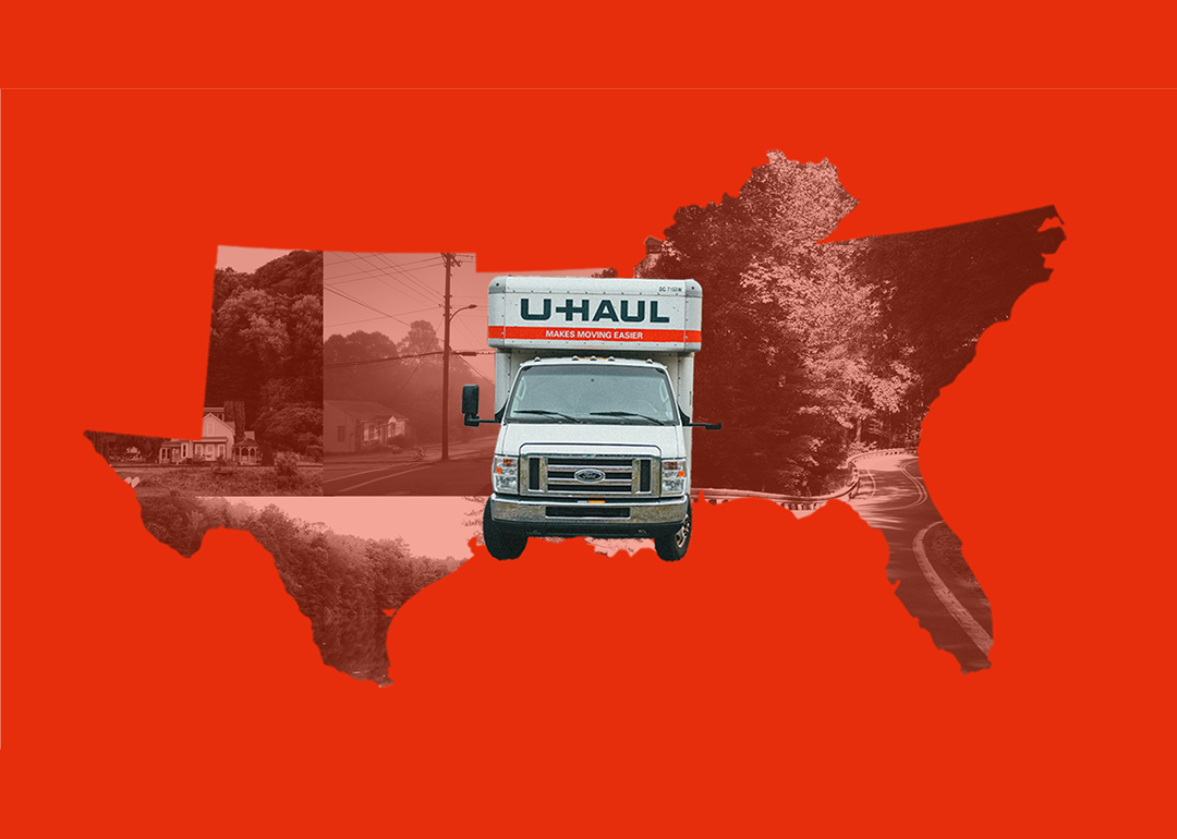 A U-Haul truck is at the center of a Texas state map illustrated in red background with an overlay of a rural places collage.