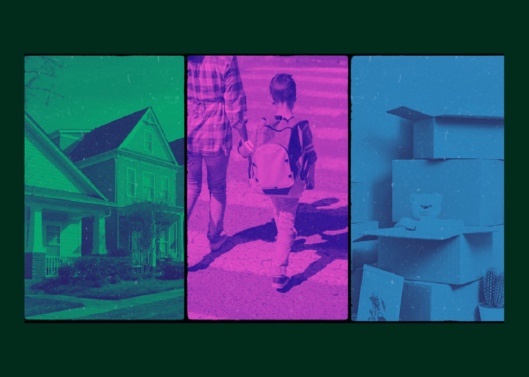 A triptych graphic illustration shows a house on the left, a child with a backpack walking with an adult in the center, and stacked moving boxes with a teddy bear on the right.