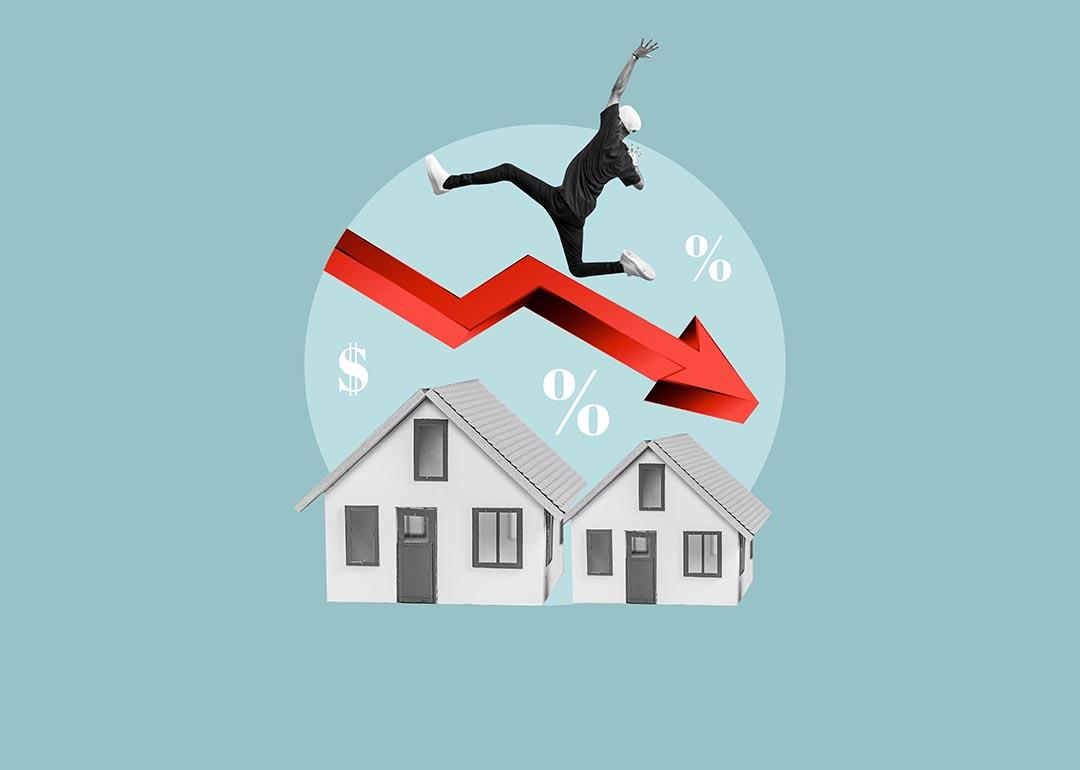 Illustration / collage showing concept of housing price drop depicted by red arrow with downward trend over houses, with a man leaping over the arrow.