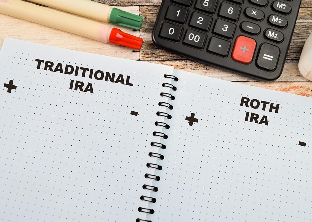 Concept of Traditional IRA and Roth IRA depicted on paper list in notebook on a wooden table with blank columns for pros and cons.