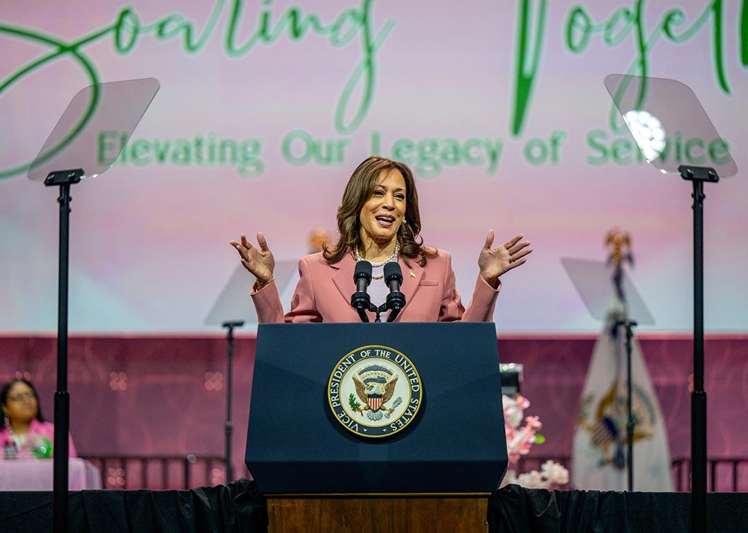 Vice President Kamala Harris wearing a pink suit speaks to Alpha Kappa Alpha Sorority members at the Kay Bailey Hutchison Convention Center on July 10, 2024 in Dallas, Texas.