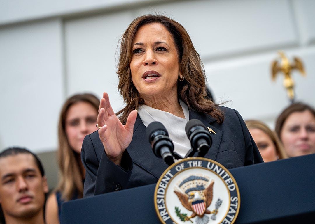 U.S. Vice President Kamala Harris speaks during an NCAA championship teams celebration on the South Lawn of the White House.