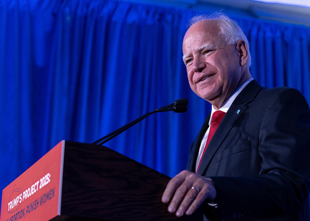 Tim Walz speaks at a Biden-Harris campaign and DNC press conference in Milwaukee, Wisconsin.