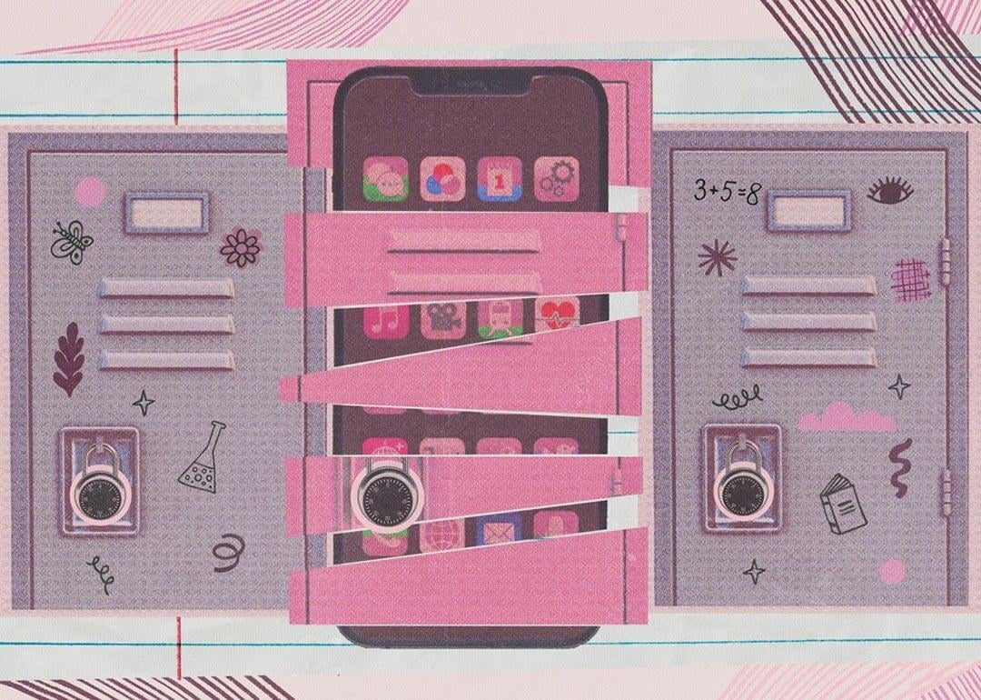 Illustration with pink locker showing contents depicting concept of cell phone ban.