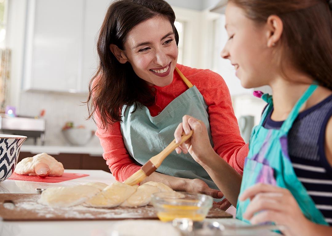 Mom and daughter making Challah bread in the kitchen.