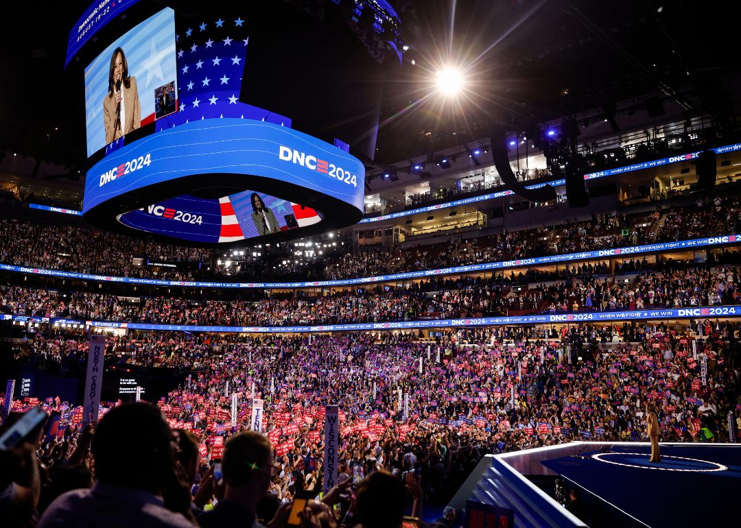 Kamala Harris speaks onstage during the first day of the Democratic National Convention.