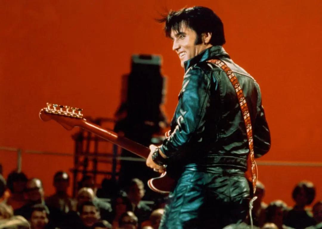 Rock and roll musician Elvis Presley performing on the Elvis comeback TV special on June 27, 1968.