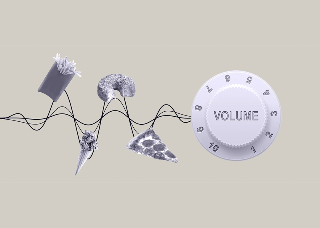 Illustration of concept of food noise depicted by volume dial and food items on beige background.