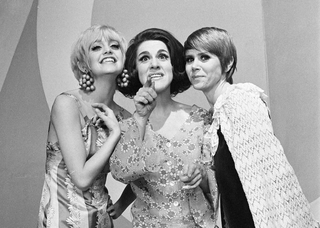 Goldie Hawn, Ruth Buzzi, and Judy Carne on 'Rowan & Martin's Laugh-In,' an American sketch comedy television program on NBC, in 1969.