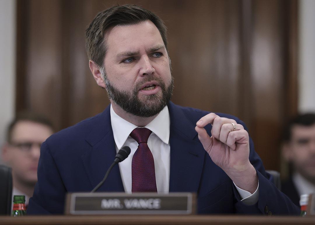 Sen. J.D. Vance (R-OH) delivers remarks during a Senate hearing in March 2023. 