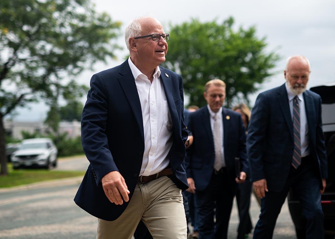 Minnesota Governor Tim Walz arrives to speak at a press conference regarding new gun legislation at City Hall on August 1, 2024 in Bloomington, Minnesota.