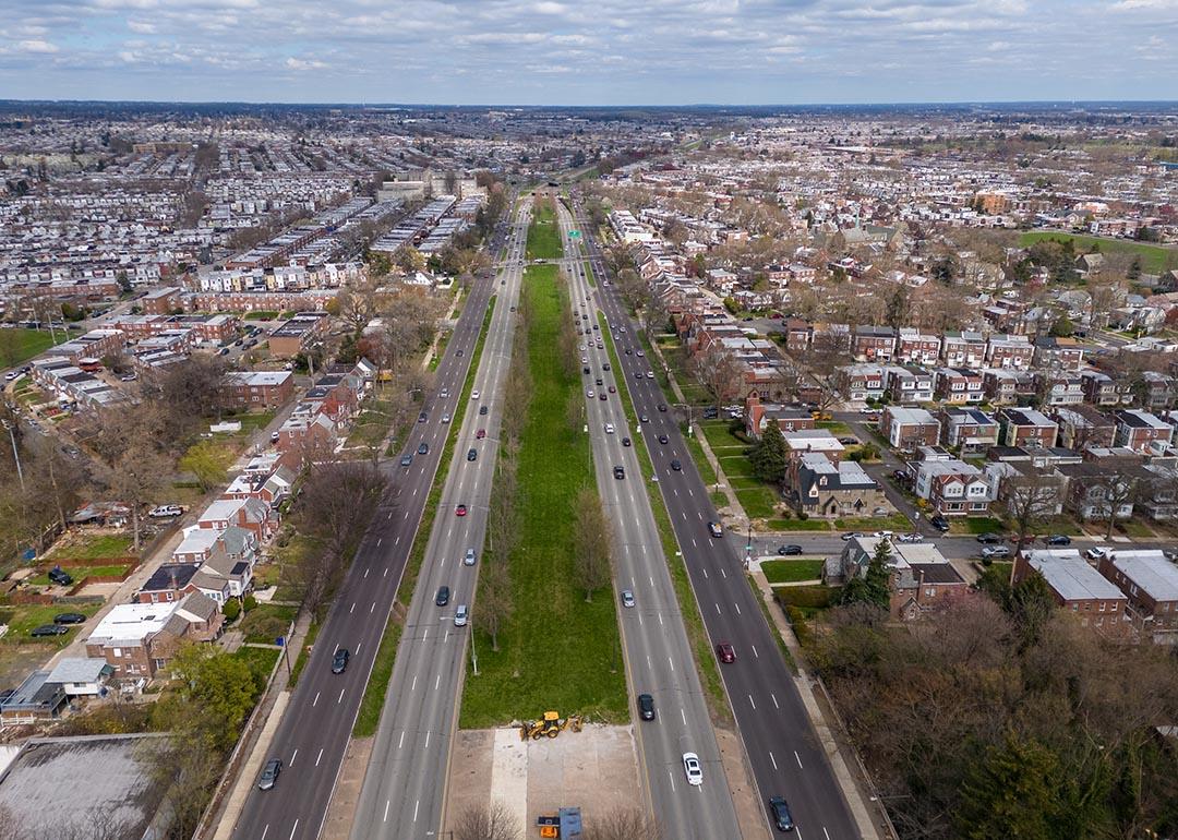 Aerial view of the the 12-lane Roosevelt Boulevard in Northeast Philadelphia PA.