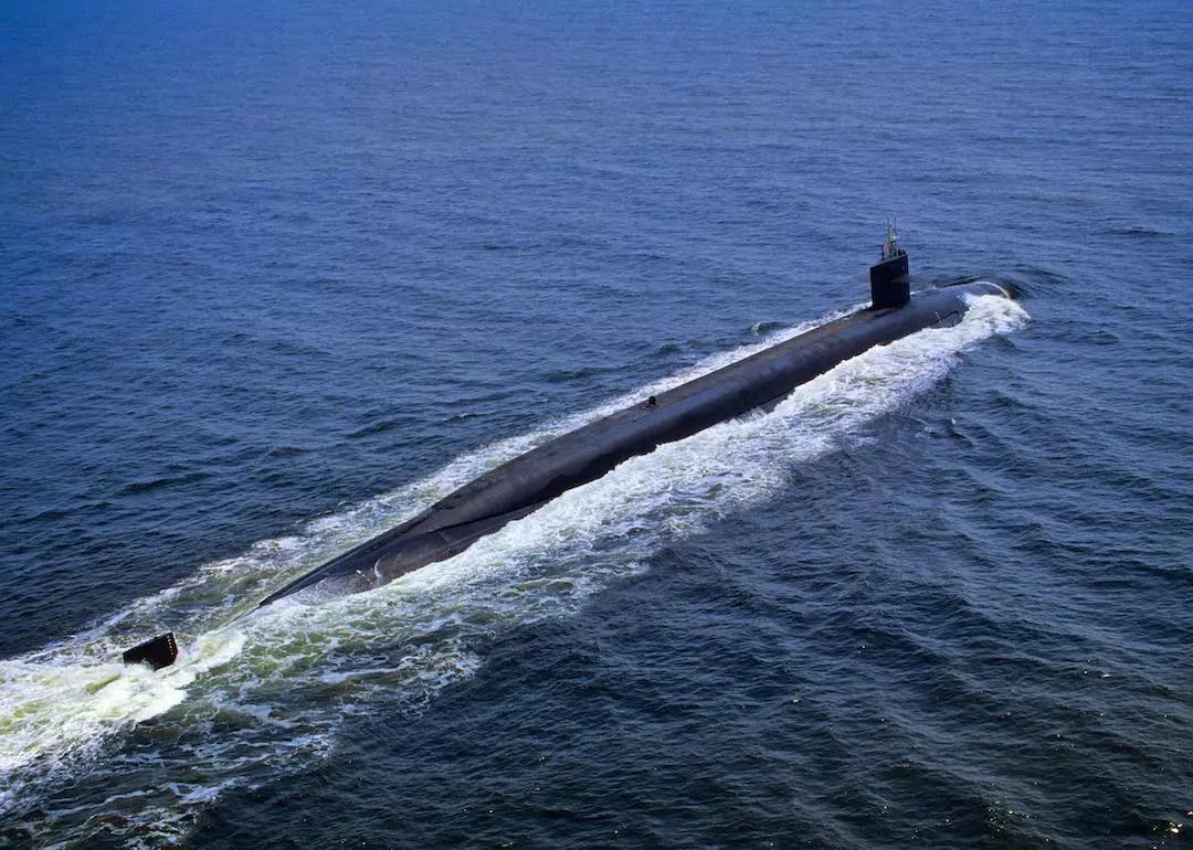 USS Pennsylvania United States Navy Nuclear Powered Ohio-Class Ballistic Missile Submarine Cruising On Ocean Surface.