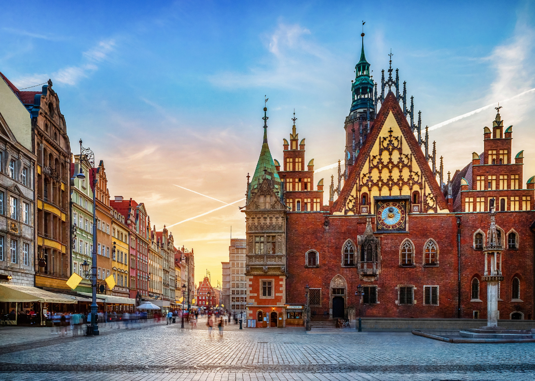 Central market square with old houses at sunset in Wroclaw, Poland