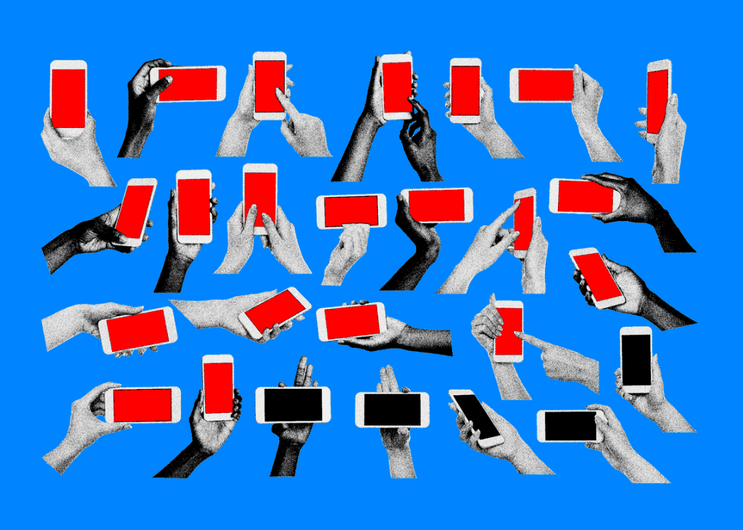 Photo illustration of many hands holding cell phones against blue background with some phones displaying red screens; concept of cell phone ban.