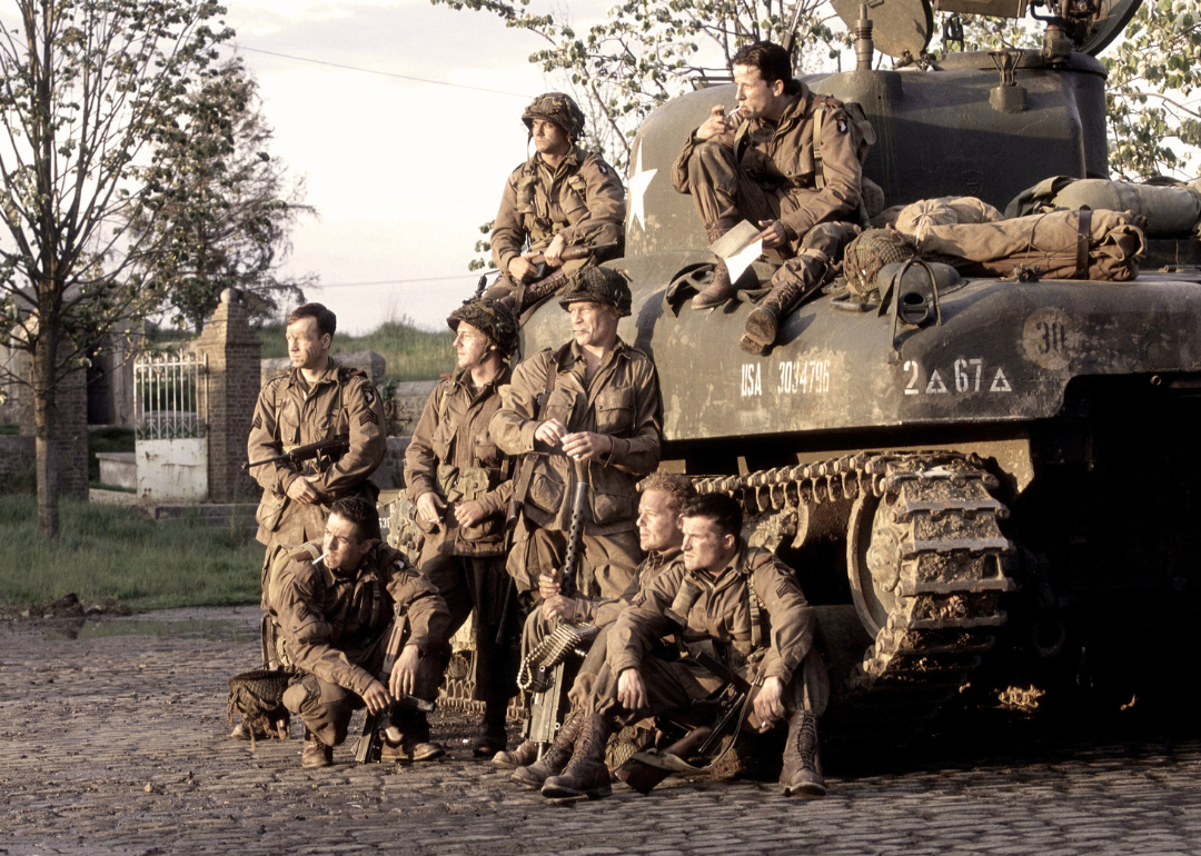 The cast acts in a scene from HBO's war miniseries "Band Of Brothers."