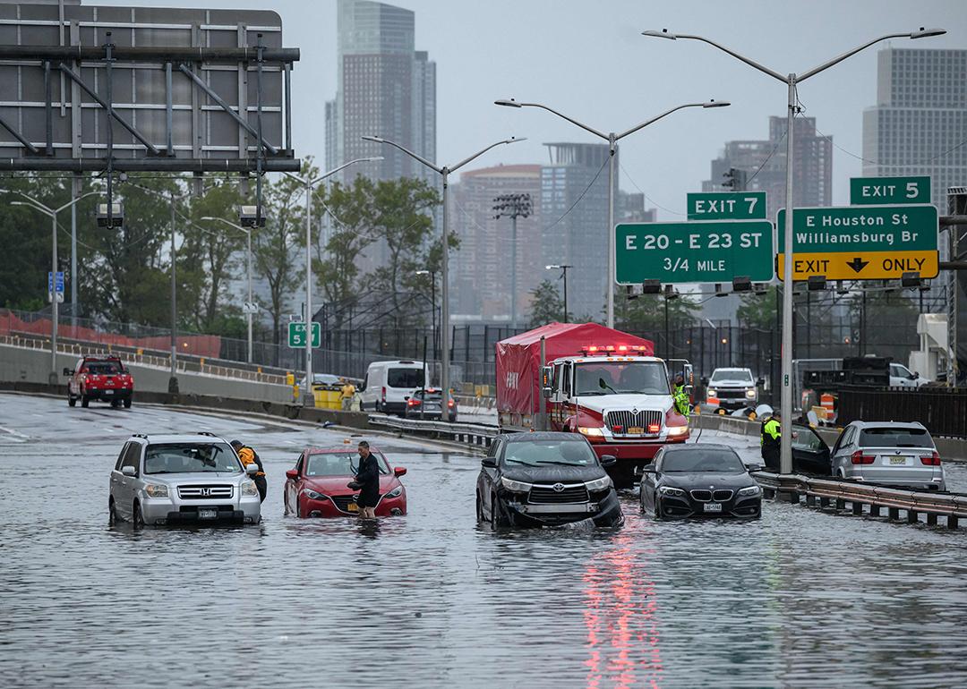 Cars in floodwater on the FDR highway in Manhattan, New York.