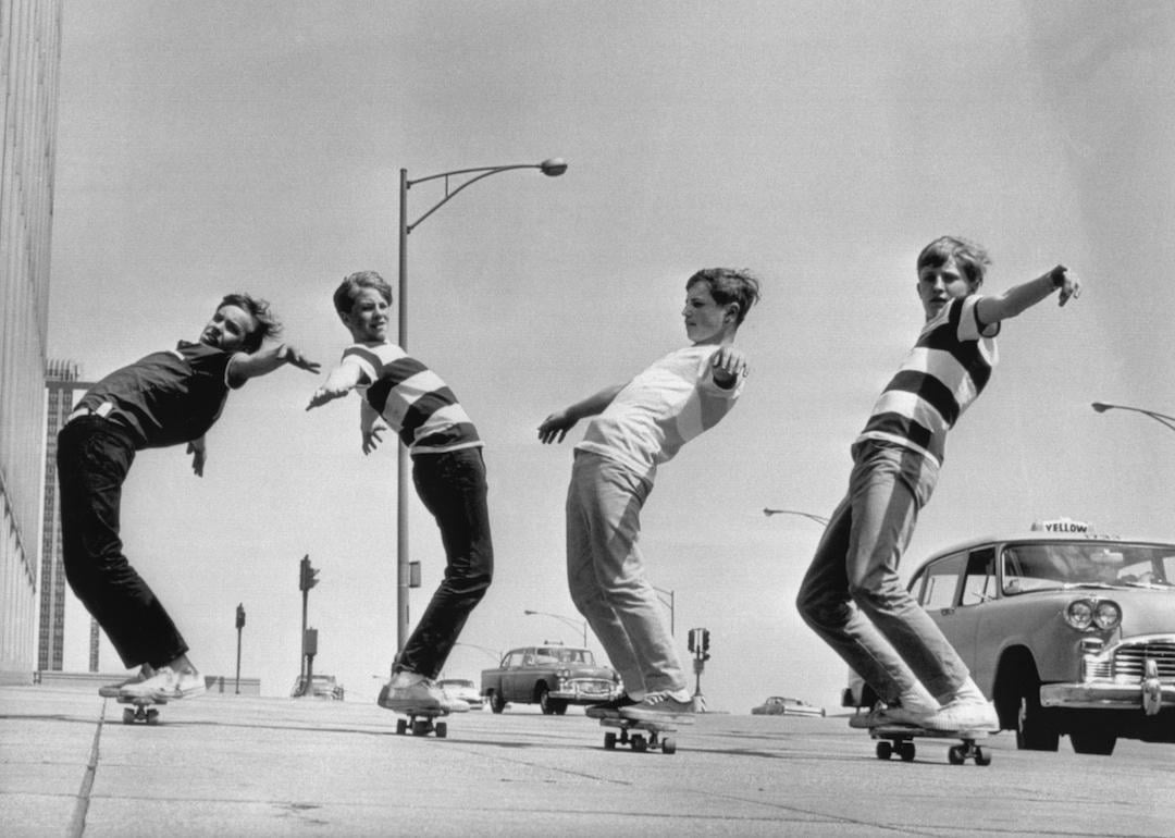 Four kids on their skateboards, a sport that became very popular among teenagers, in Chicago in 1965.