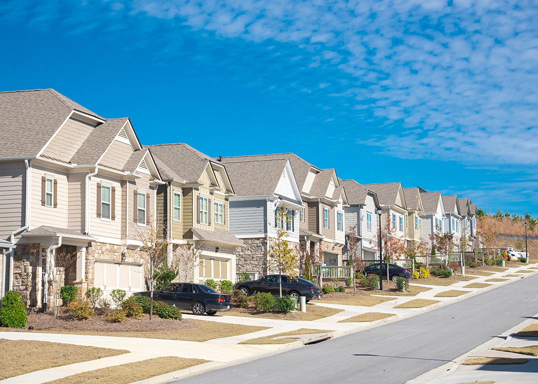 A row of residential two-storey houses in suburban Atlanta, Georgia.