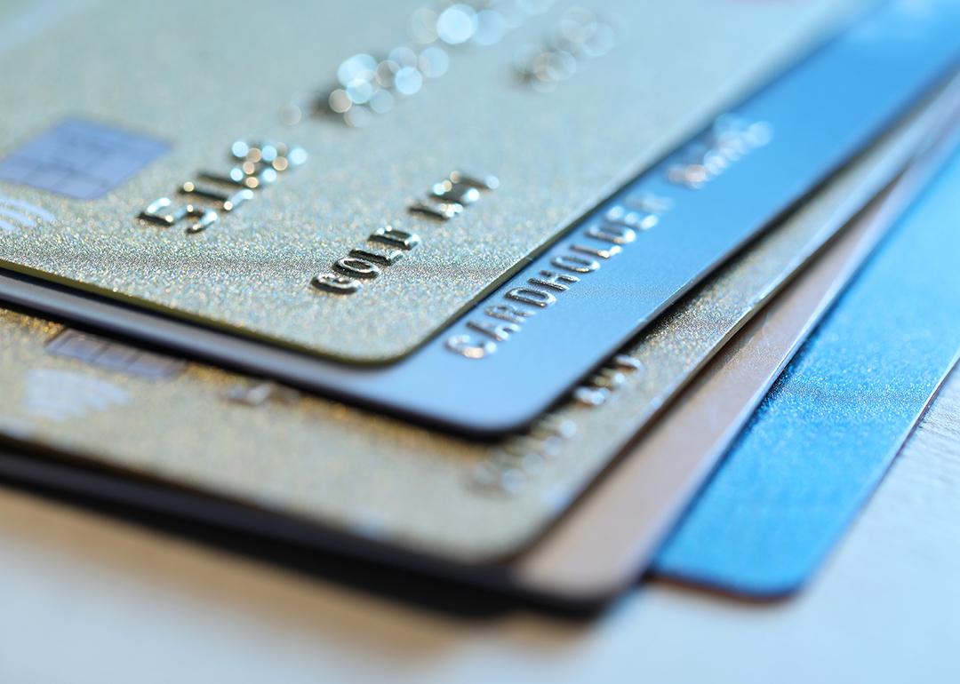 A closeup view of a pile of different types of sample business cards.