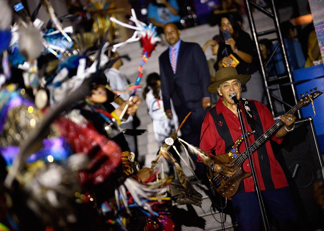 Pat Vegas of Redbone performs at Indigenous Peoples Day Celebration at Los Angeles Grand Park in 2018.