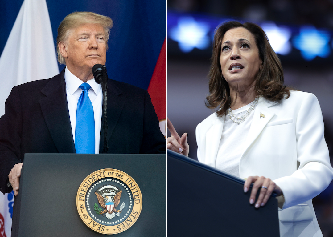 A split screen image of Donald Tump and Kamala Harris standing at podiums.