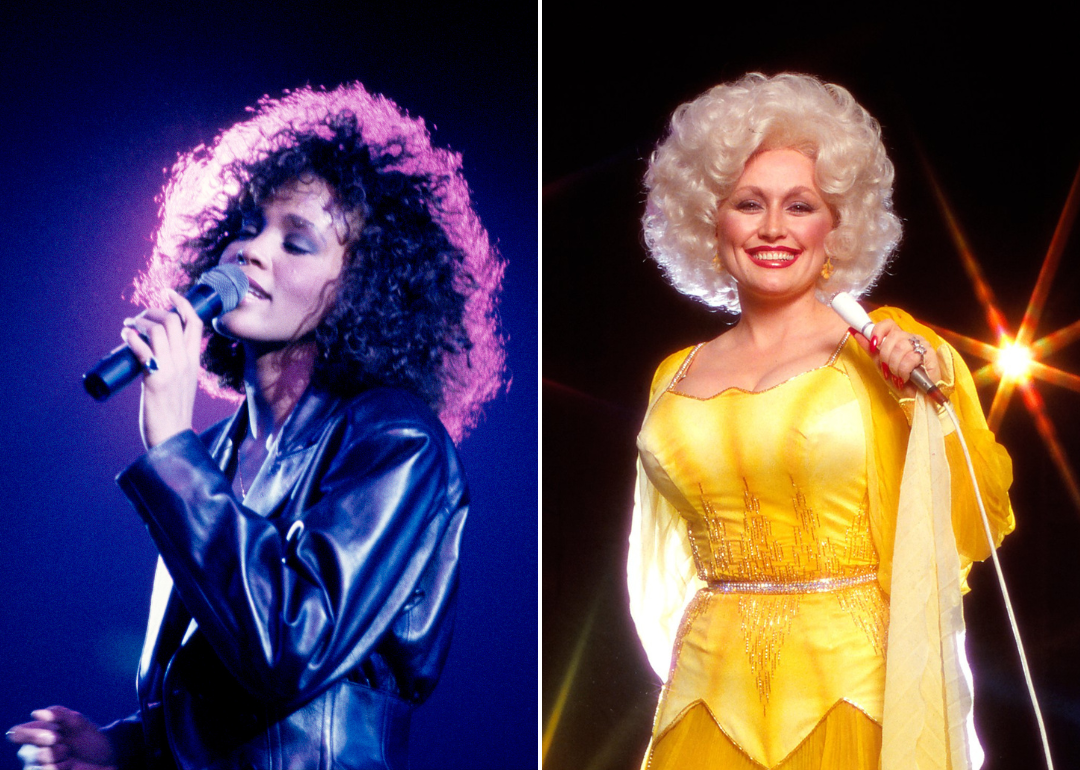 A collage of young Whitney Houston performing on stage circa 1988, and Dolly Parton in a studio portrait circa 1978