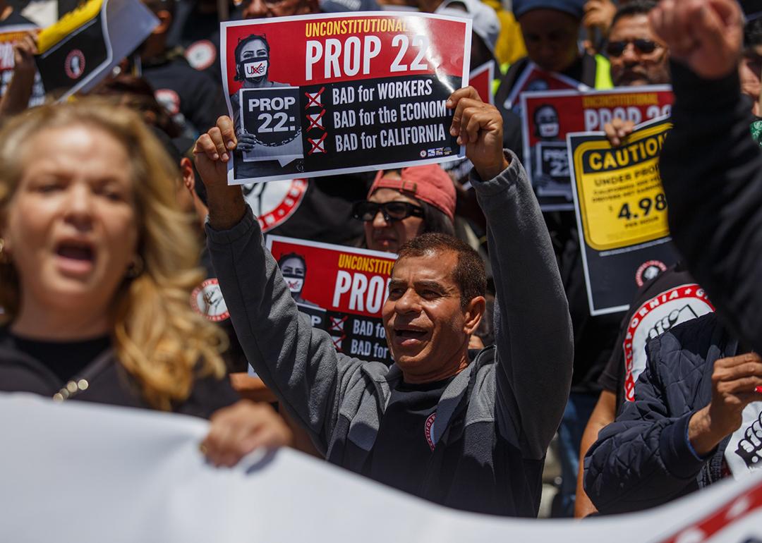 Ride-share drivers of the California Gig Workers Union rallying outside of the Supreme Court of California.