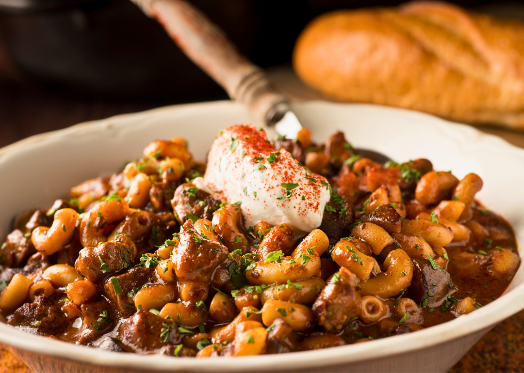 Classic Hungarian goulash with sour cream on top.