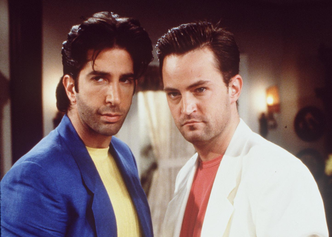 David Schwimmer and Matthew Perry dress up in Miami Vice outfits in the "Friends" Thanksgiving special, "The One With Thanksgiving Flashbacks."