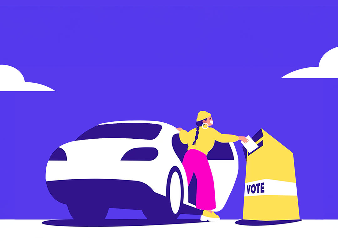 Illustration of a woman getting out of a ride to vote.