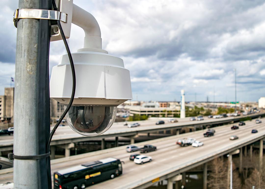 A closeup of a traffic surveillance camera in a freeway in Houston, Texas.