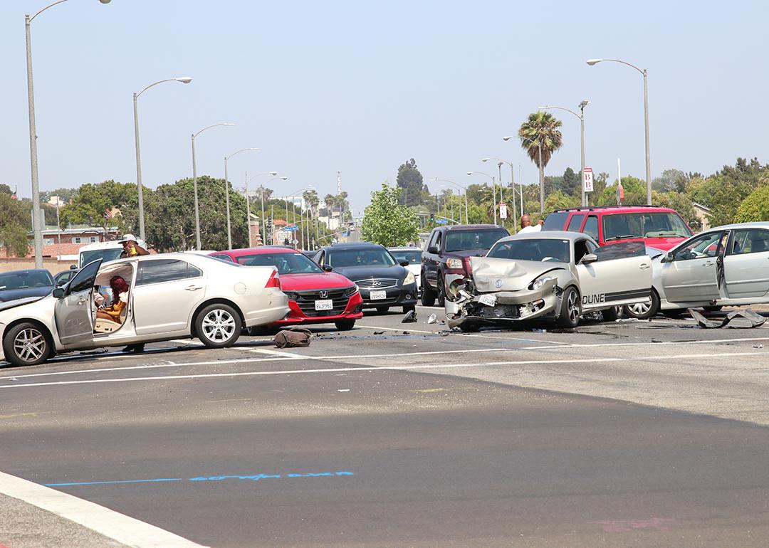 A multi-car accident in an intersection in Inglewood, CA.