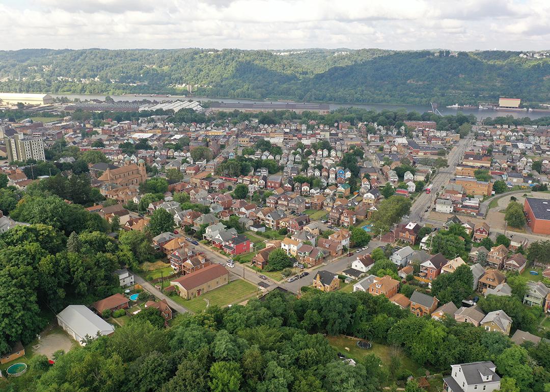 A morning aerial view of Ambridge, a small working class river town in Western Pennsylvania.