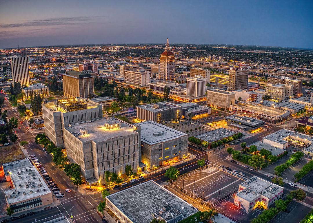 Aerial view of Fresno city skyline in California.