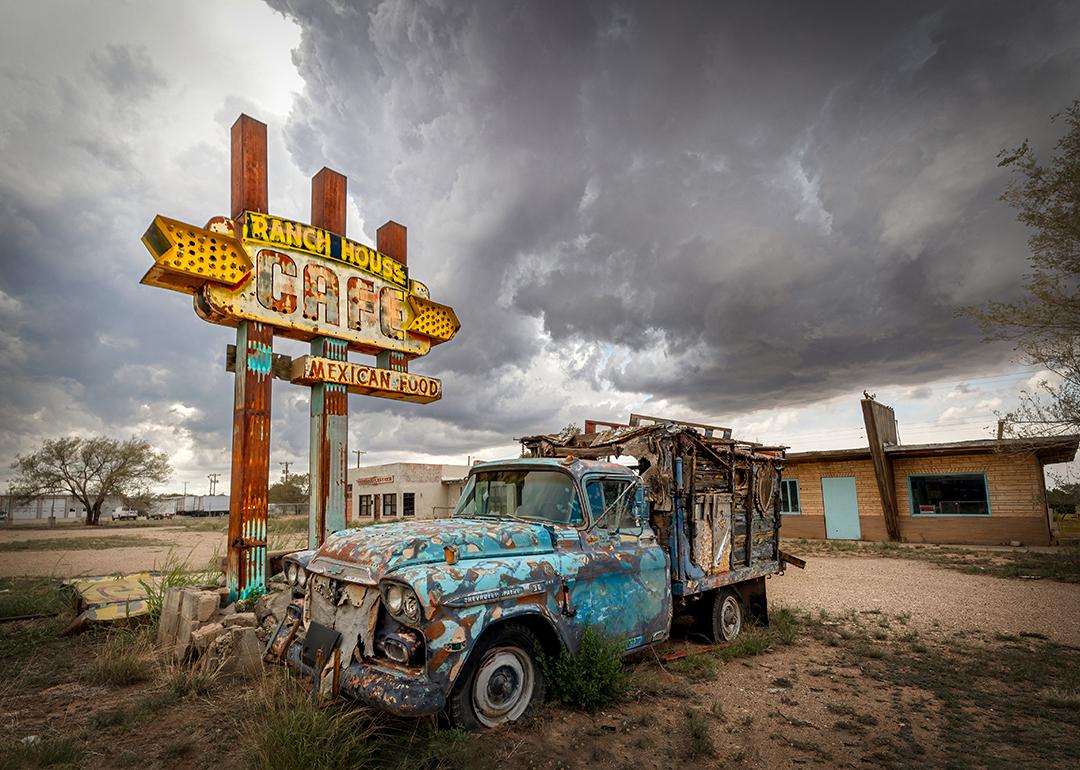 An abandoned Ranch House Cafe and old truck in Tucumcari, New Mexico.