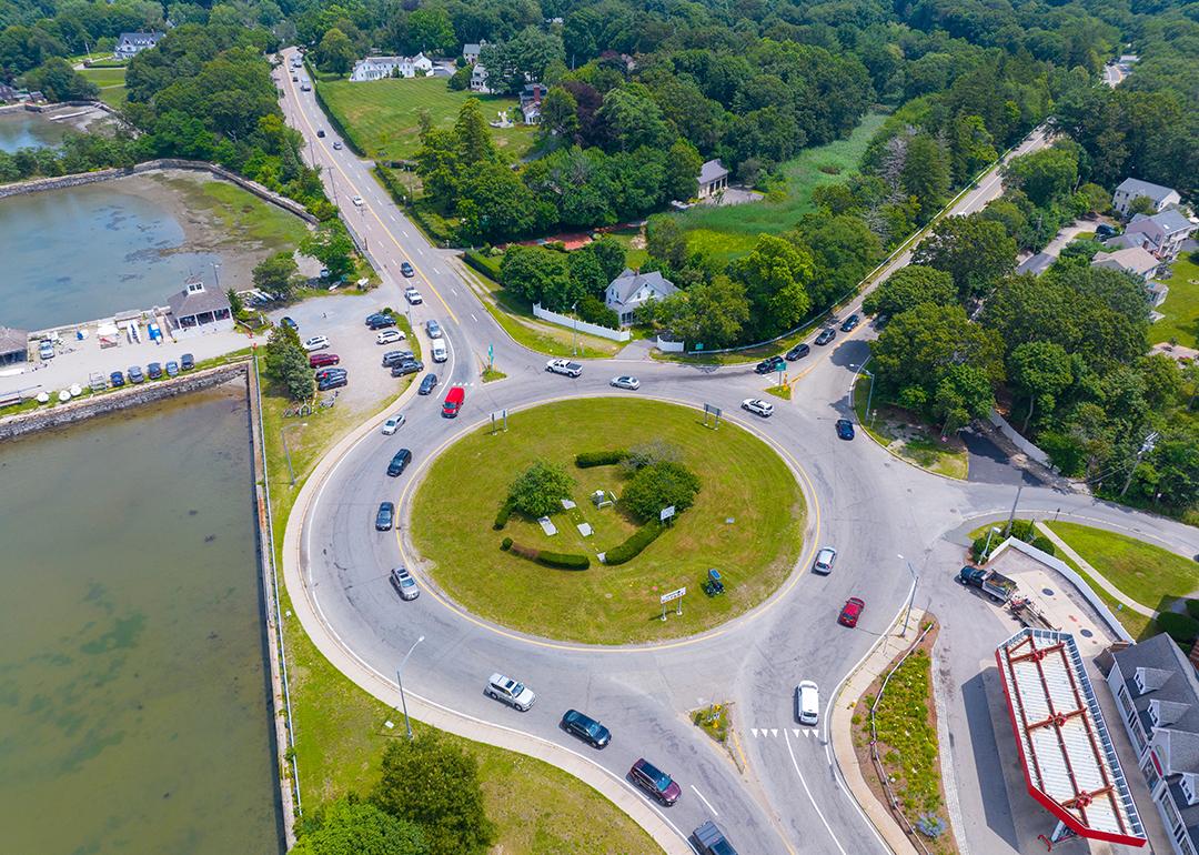 Aerial view of a traffic roundabout in Hingham near Boston, MA.